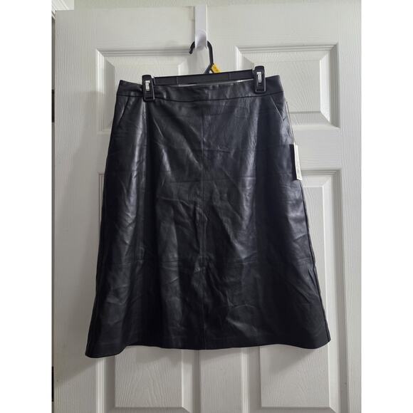 A New Day Women's Faux Leather Black Midi A Line Skirt NWT Size 10 Front Split - Picture 1 of 8